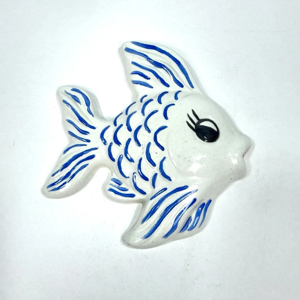 Vintage 1977 Ceramic Fish Wall Plaque Hand Painted Blue White Signed Folk Art